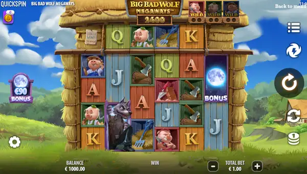 Big Bad Wolf Megaways base game screenshot showing reels and features