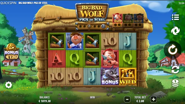 Big Bad Wolf Pigs of Steel base game screenshot showing reels and features