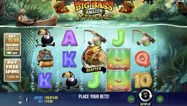 Big Bass Amazon Xtreme base game screenshot showing reels and features