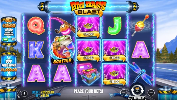Big Bass Blast base game screenshot showing reels and features
