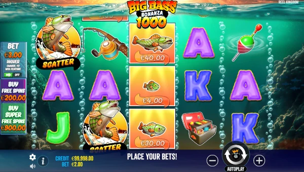 Big Bass Bonanza 1000 base game screenshot showing reels and features