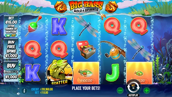 Big Bass Bonanza Hold and Spinner base game screenshot showing reels and features