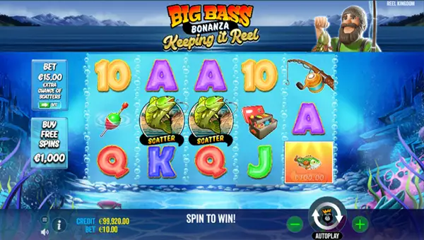 Big Bass Bonanza Keeping it Reel base game screenshot showing reels and features