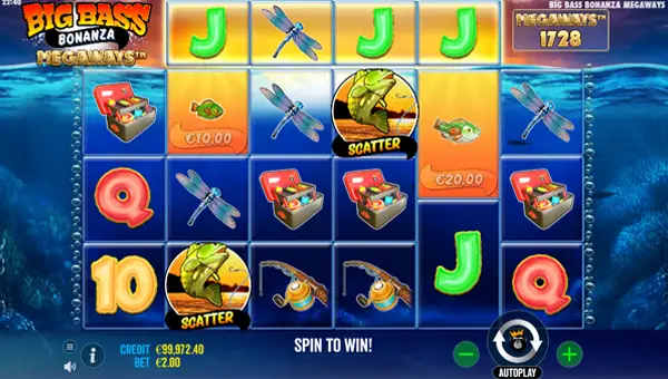Big Bass Bonanza Megaways base game screenshot showing reels and features