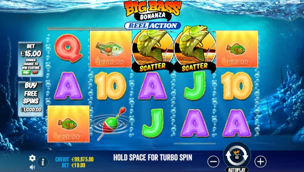 Big Bass Bonanza Reel Action base game screenshot showing reels and features