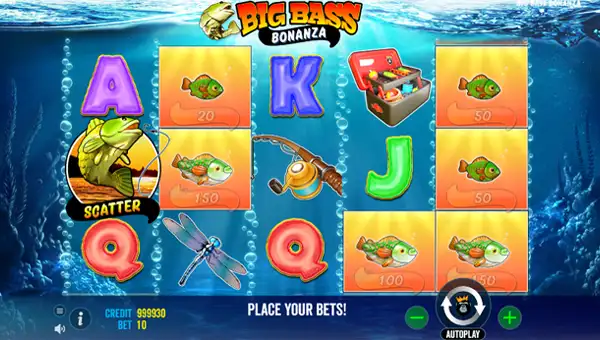 Big Bass Bonanza slot base game showing scatter symbol and fish cash prizes
