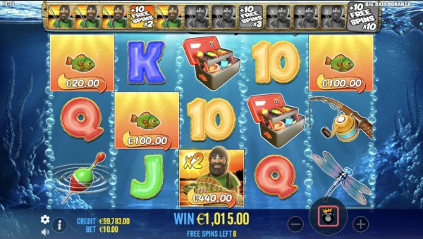 Big Bass Bonanza free spins round featuring fisherman wild and fish symbols with cash values