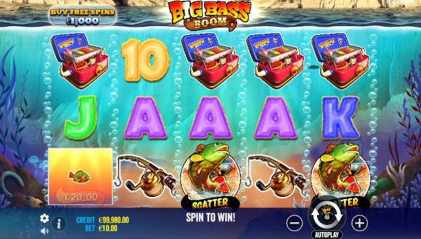 Big Bass Boom base game screenshot showing reels and features