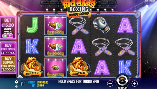 Big Bass Boxing Bonus Round base game screenshot showing reels and features