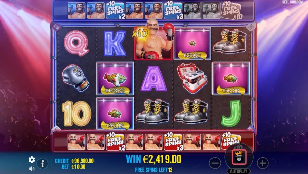 Screenshot of Big Bass Boxing Bonus Round slot demo showing reels and bonus game features