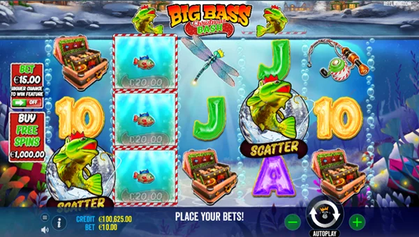 Big Bass Christmas Bash base game screenshot showing reels and features