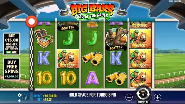 Big Bass Day at the Races base game screenshot showing reels and features
