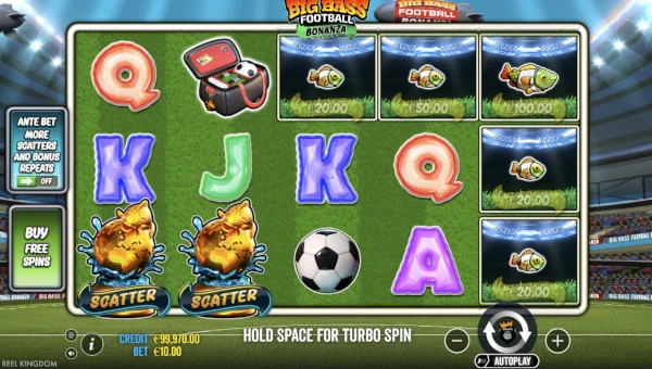 Big Bass Football Bonanza base game screenshot showing reels and features