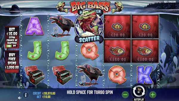 Big Bass Halloween base game screenshot showing reels and features