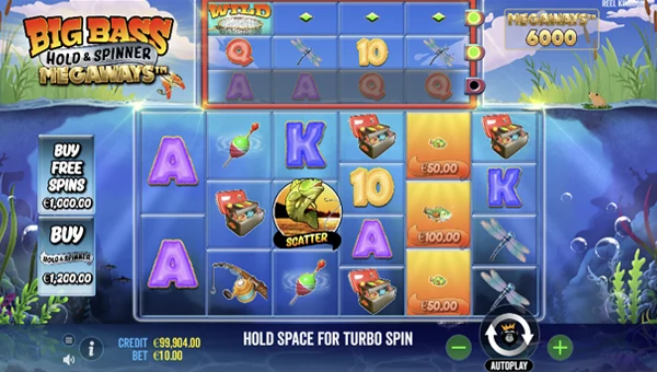 Big Bass Hold and Spinner Megaways base game screenshot showing reels and features