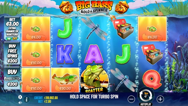 Big Bass Hold and Spinner base game screenshot showing reels and features