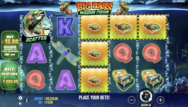 Big Bass Mission Fishing base game screenshot showing reels and features