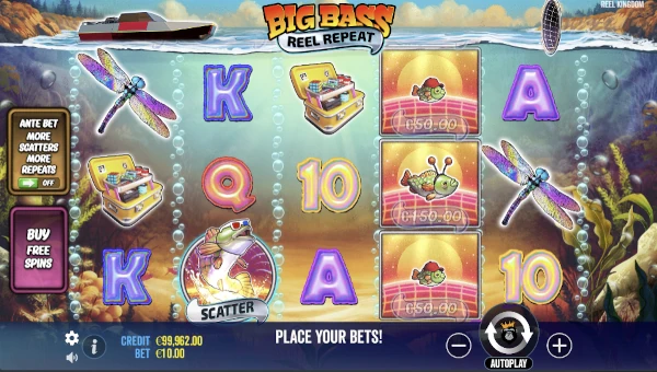Big Bass Reel Repeat base game screenshot showing reels and features