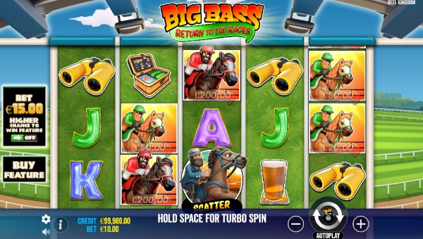 Big Bass Return to the Races base game screenshot showing reels and features