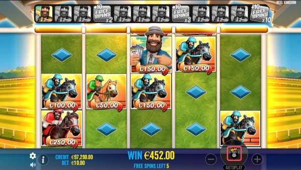 Screenshot of Big Bass Return to the Races slot demo showing reels and bonus game features
