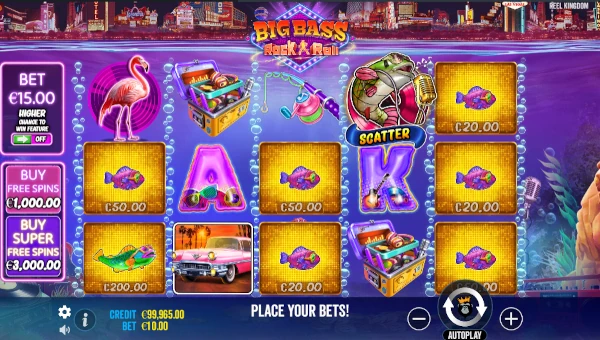 Big Bass Rock and Roll base game screenshot showing reels and features