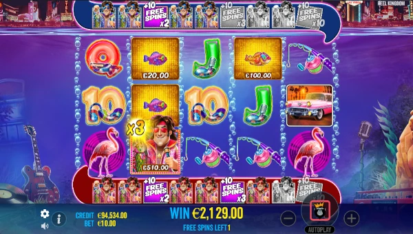 Screenshot of Big Bass Rock and Roll slot demo showing reels and bonus game features