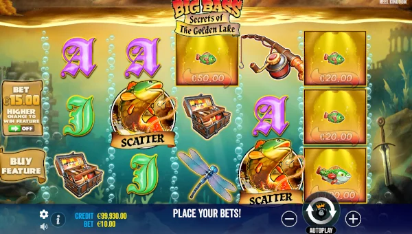 Big Bass Secrets of the Golden Lake base game screenshot showing reels and features
