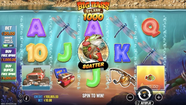 Big Bass Splash 1000 base game screenshot showing reels and features