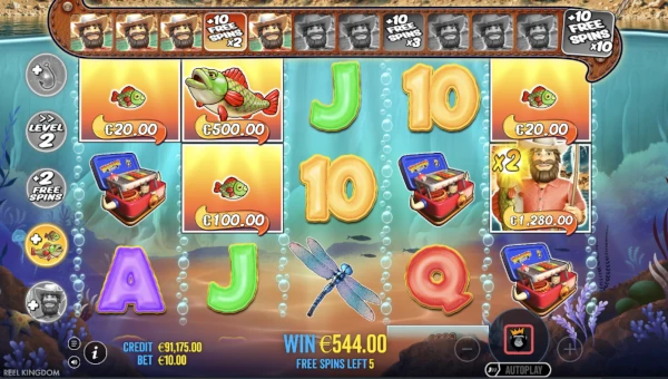 Screenshot of Big Bass Splash 1000 slot demo showing reels and bonus game features