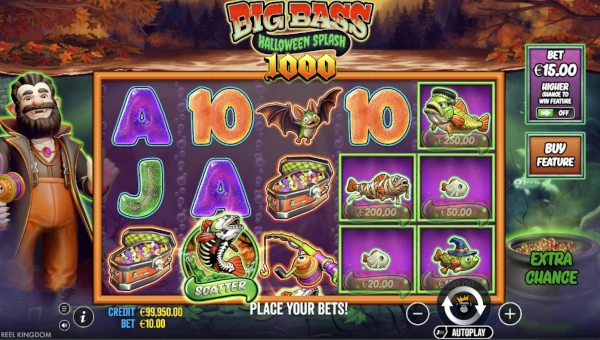 Big Bass Splash Halloween 1000 base game screenshot showing reels and features