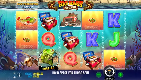 Big Bass Splash base game screenshot showing reels and features