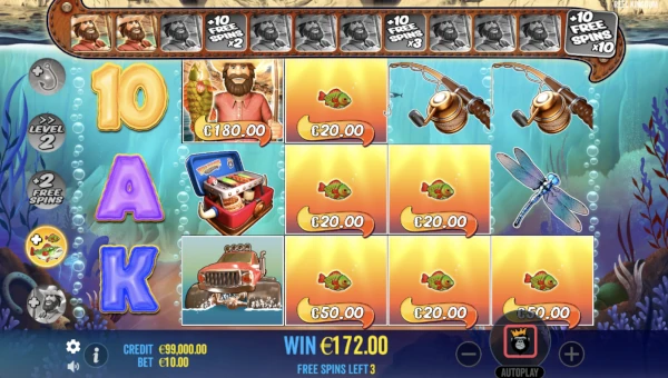 Screenshot of Big Bass Splash slot demo showing reels and bonus game features