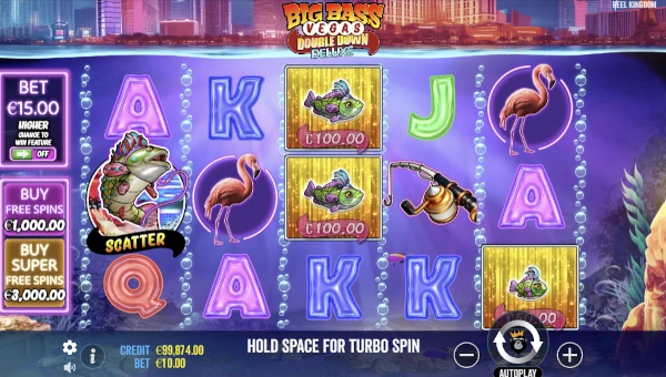 Big Bass Vegas Double Down Deluxe base game screenshot showing reels and features