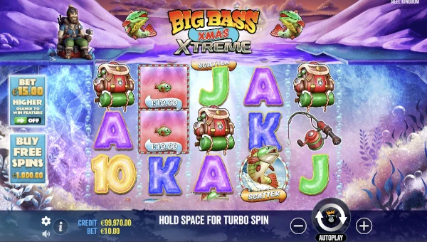 Big Bass Xmas Xtreme base game screenshot showing reels and features