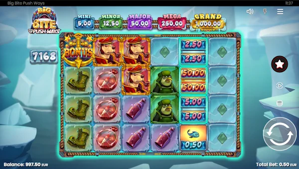 Big Bite Push Ways base game screenshot showing reels and features