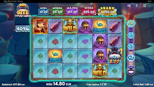 Screenshot of Big Bite Push Ways slot demo showing reels and bonus game features