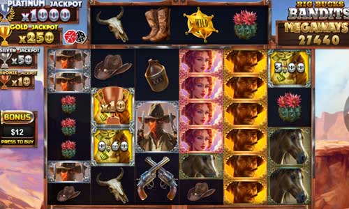 Big Bucks Bandits Megaways base game screenshot showing reels and features