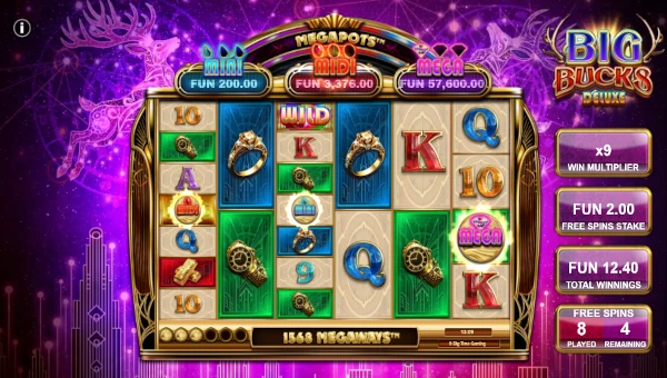 Screenshot of Big Bucks Deluxe slot demo showing reels and bonus game features