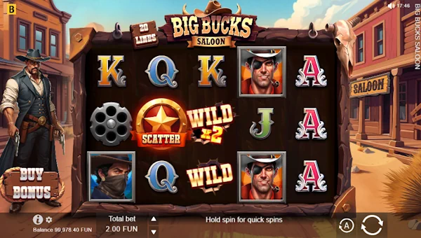 Big Bucks Saloon base game screenshot showing reels and features