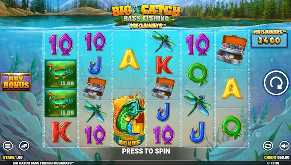 Big Catch Bass Fishing Megaways base game screenshot showing reels and features