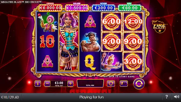 Big Circus Mega Fire Blaze base game screenshot showing reels and features