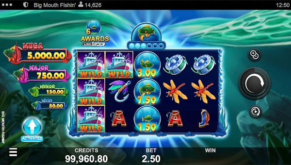 Big Mouth Fishin base game screenshot showing reels and features