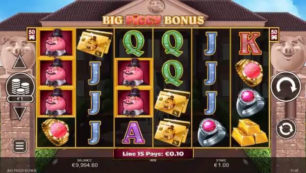 Big Piggy Bonus base game screenshot showing reels and features