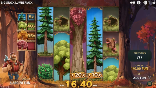 Screenshot of Big Stack Lumberjack slot demo showing reels and bonus game features