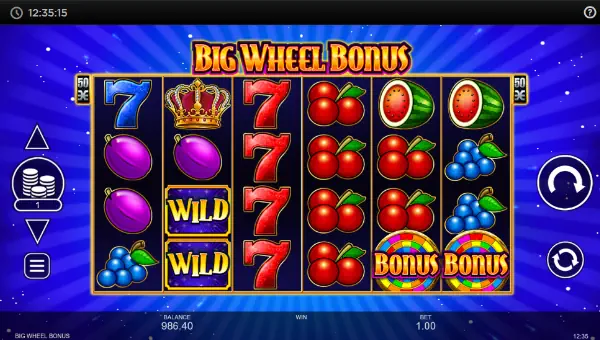 Big Wheel Bonus base game screenshot showing reels and features