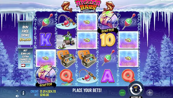 Bigger Bass Blizzard Christmas Catch base game screenshot showing reels and features