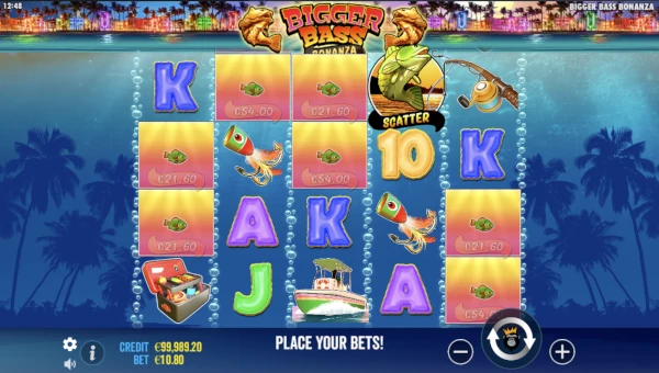 Bigger Bass Bonanza base game screenshot showing reels and features