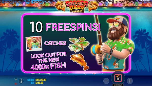Screenshot of Bigger Bass Bonanza slot demo showing reels and bonus game features