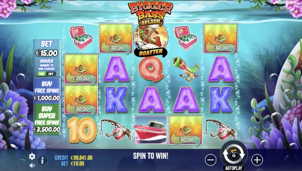 Bigger Bass Splash base game screenshot showing reels and features