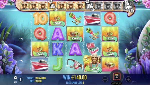 Screenshot of Bigger Bass Splash slot demo showing reels and bonus game features